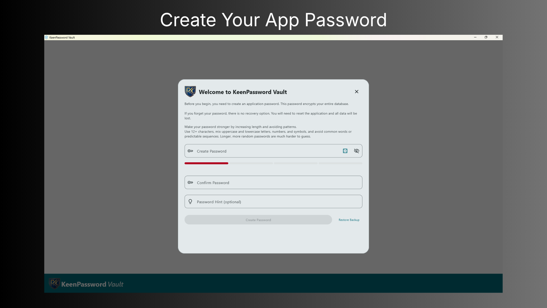 KeenPassword Vault Create Your App Password screen