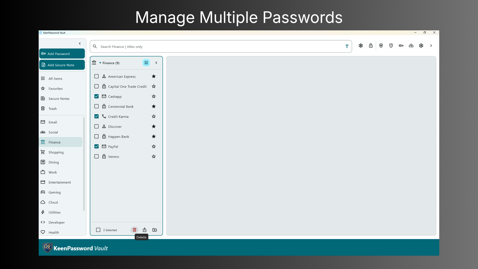 KeenPassword Vault showing multiple items selected for batch management