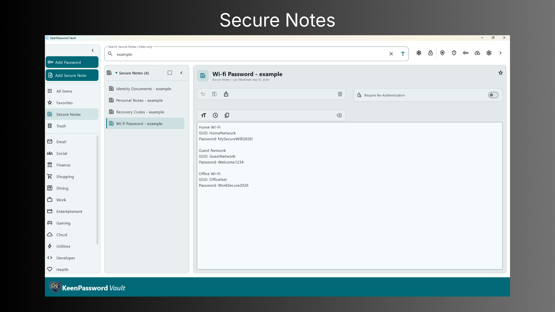 KeenPassword Vault showing an opened secure note