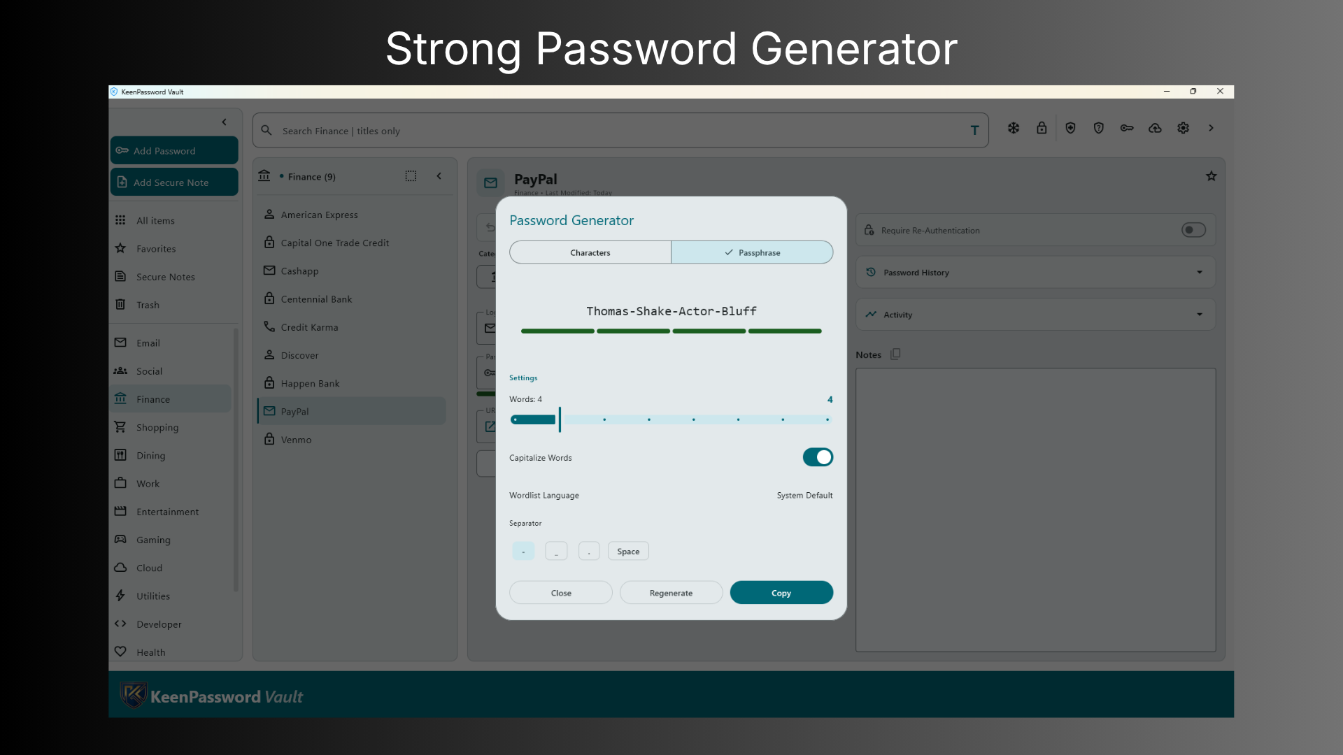 KeenPassword Vault password generator with customizable password and passphrase options