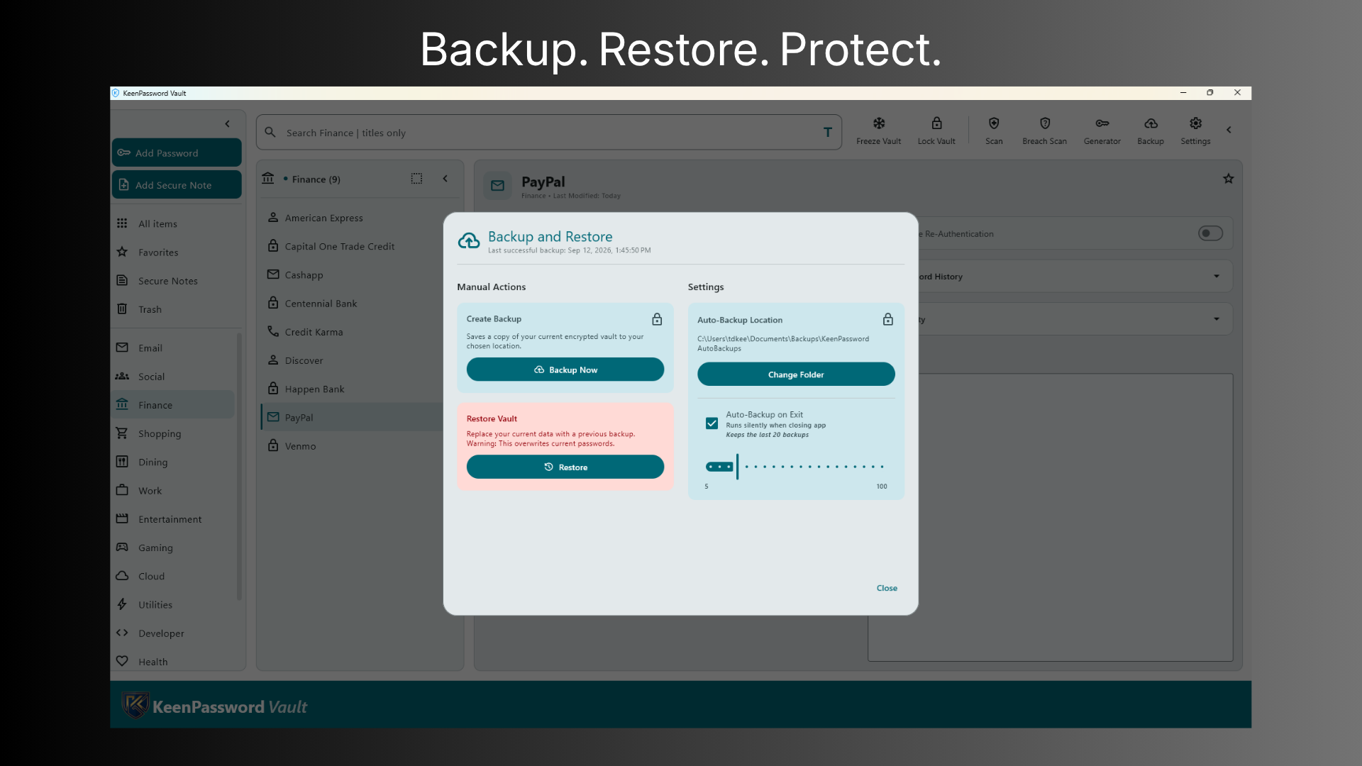 KeenPassword Vault backup manager with backup, restore, and automatic backup options